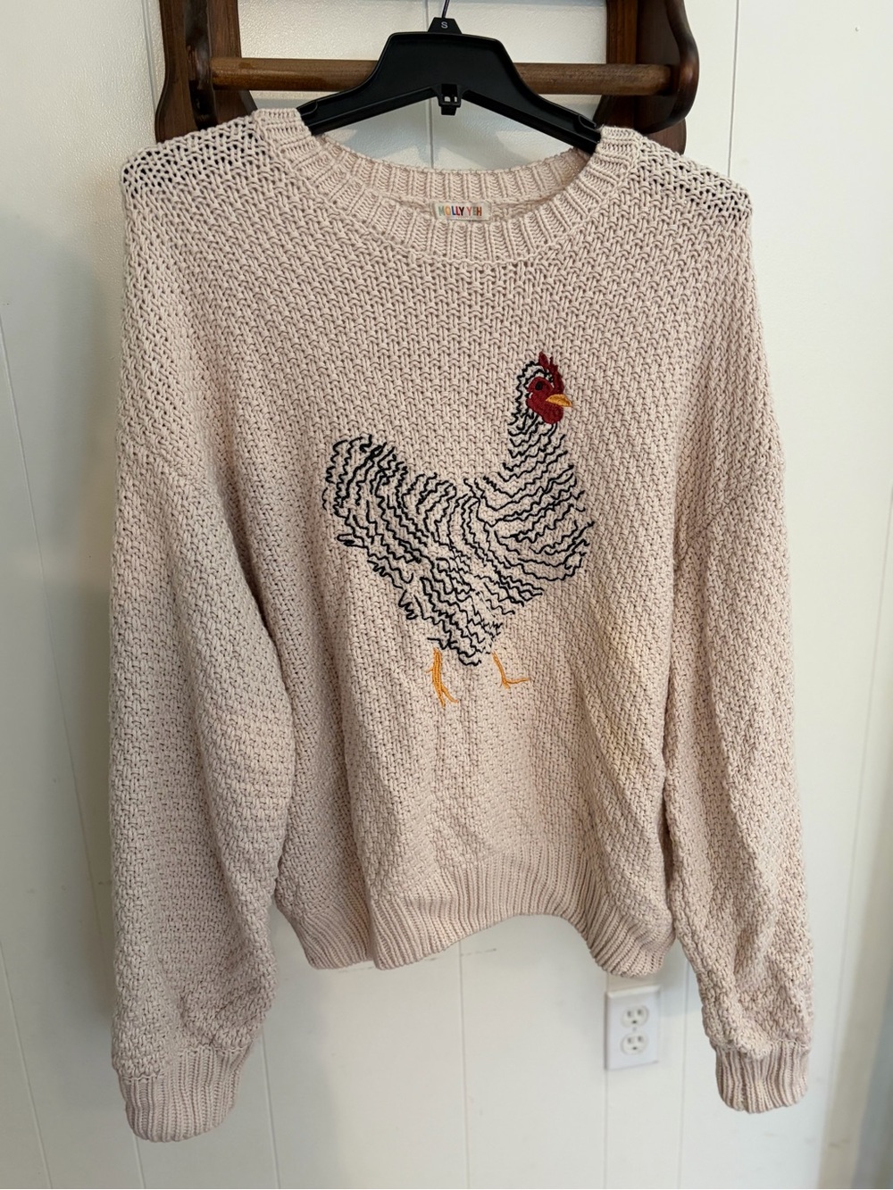 Lily Cream Crewneck Sweater with Chicken Embroidery